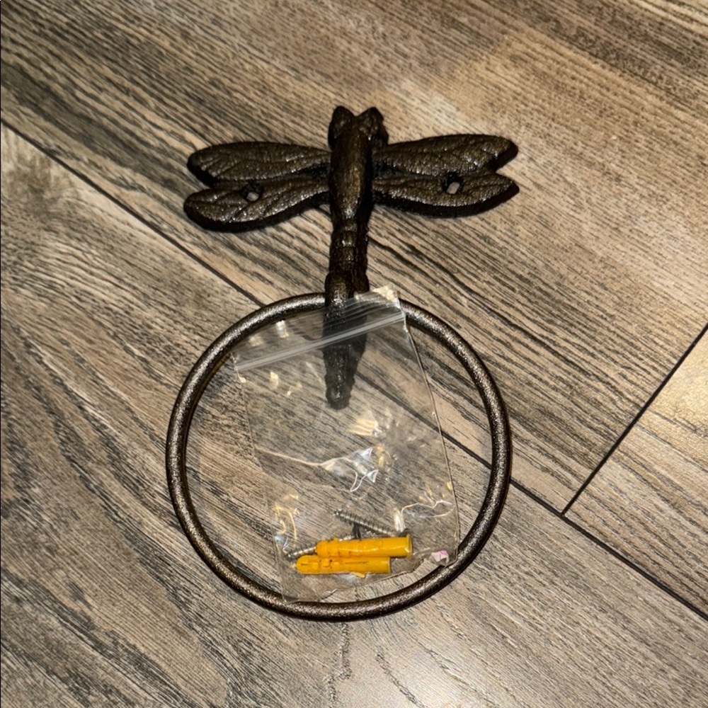 Cast Iron Dragonfly Towel Ring 4" Rustic Brown with screws